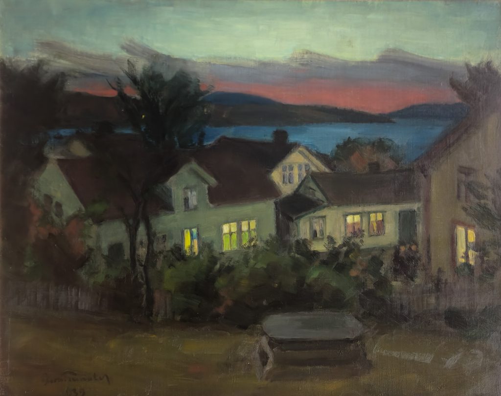 Motiv - Bernt Tunold oljemaleri 1939 kveldsstemning med hus og fjord