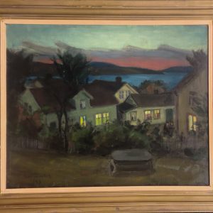 Bernt Tunold oljemaleri 1939 kveldsstemning med hus og fjord