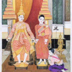 Gouache på papir av Fleur Brofos Rasmussen med figurativ scene inspirert av asiatisk eventyrtradisjon