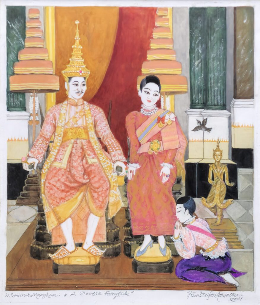 Gouache på papir av Fleur Brofos Rasmussen med figurativ scene inspirert av asiatisk eventyrtradisjon