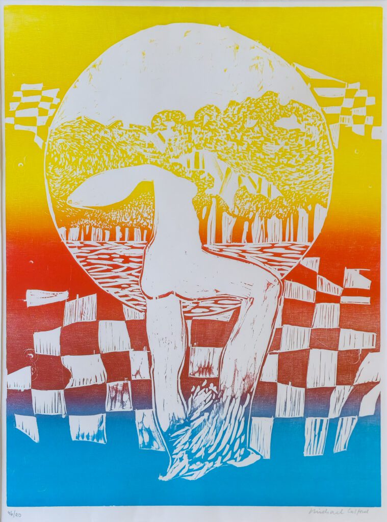 Linoleumssnitt av Michael Casford med abstrakt figur og landskap