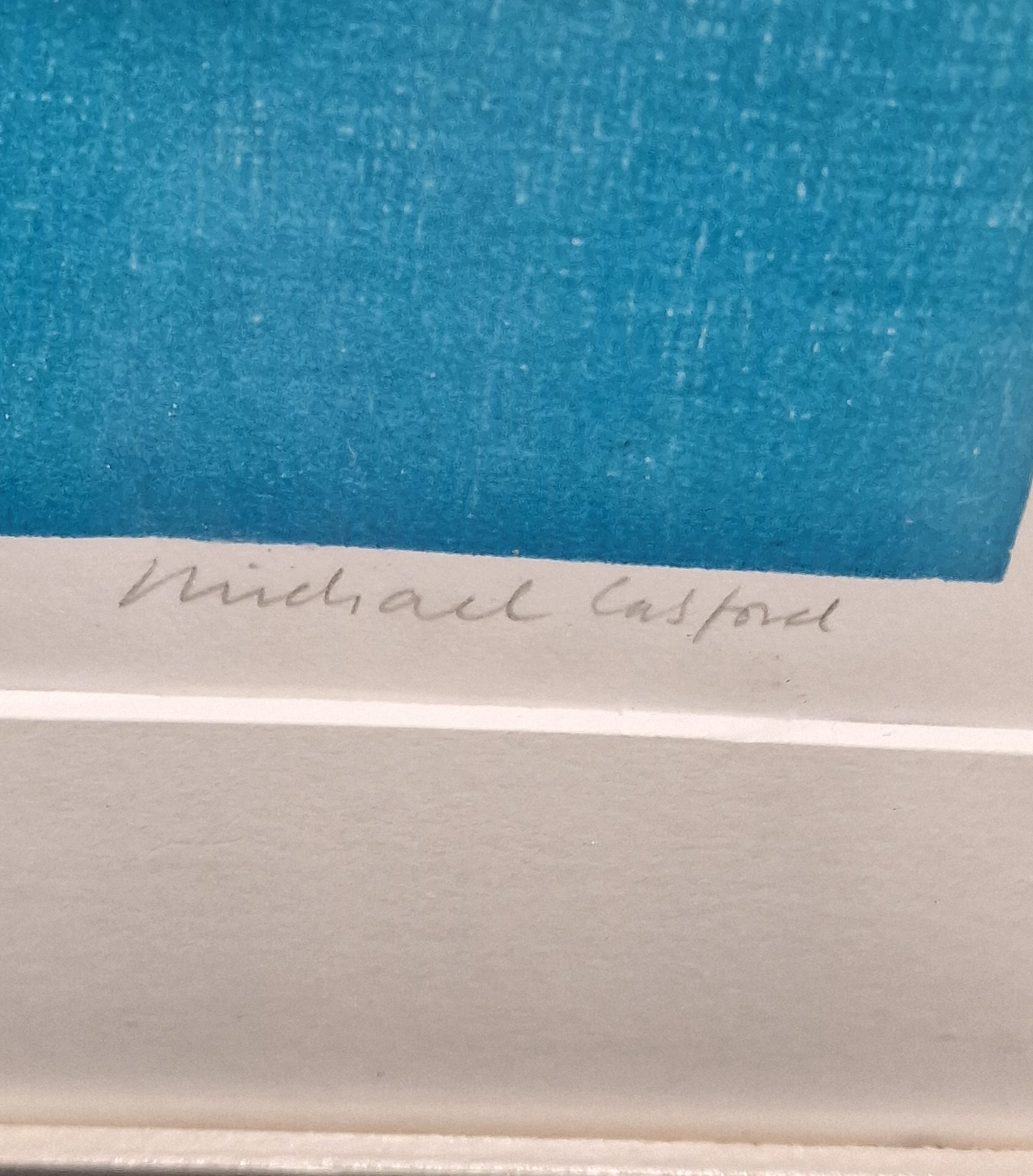 Detalj av signatur og nummerering på linoleumssnitt av Michael Casford