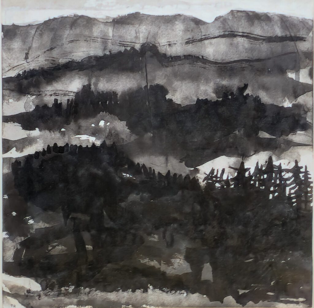 Tore Hansen – tusjlavering på papir, abstrahert landskap, signert TH