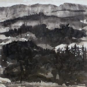 Tore Hansen – tusjlavering på papir, abstrahert landskap, signert TH