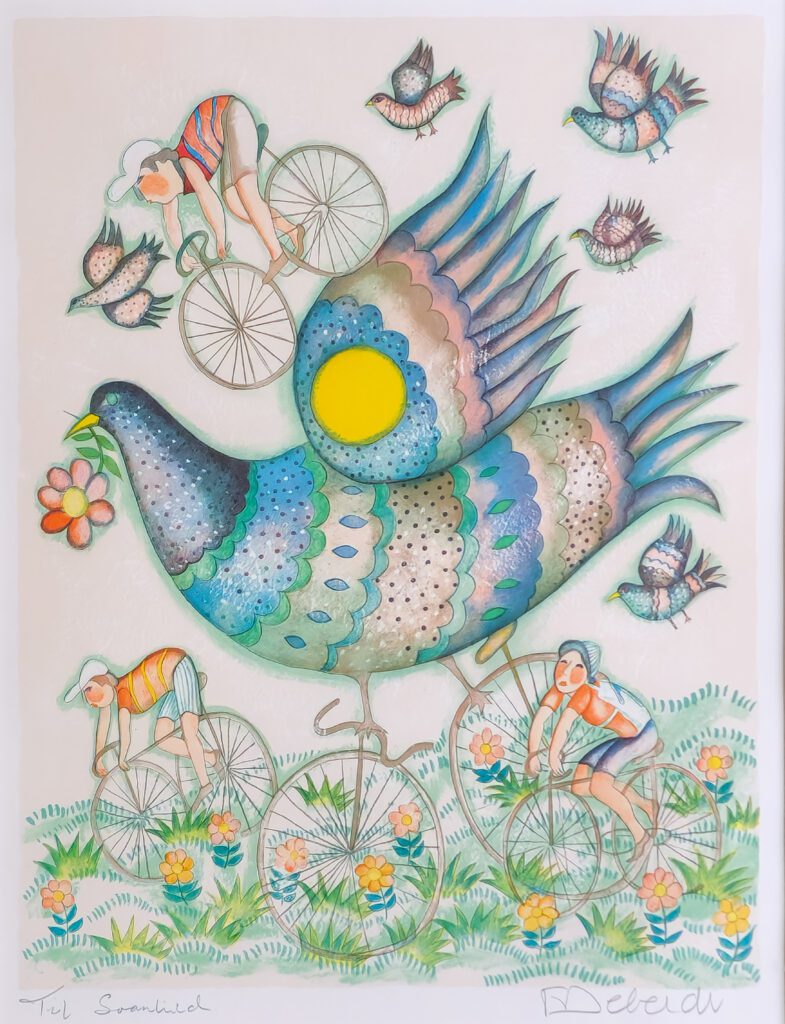 Serigrafi på papir av Francoise Deberte med fantasifugl, syklister og blomster