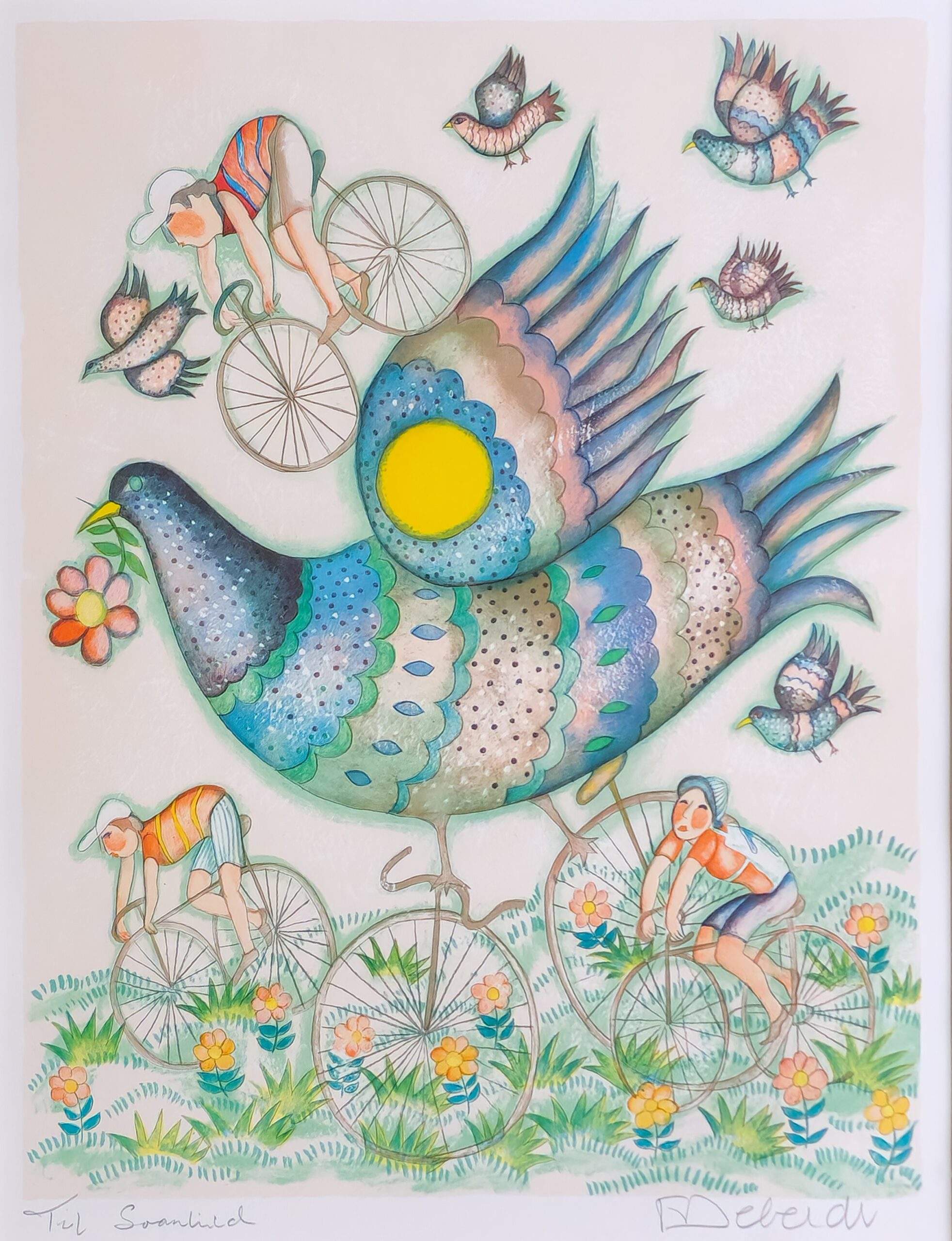 Serigrafi på papir av Francoise Deberte med fantasifugl, syklister og blomster