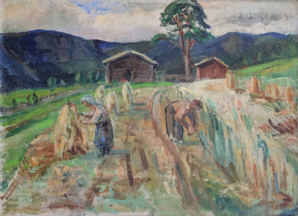 Oljemaleri av Anton Meyer fra 1945 med høyonn og gårdslandskap i norsk kulturlandskap