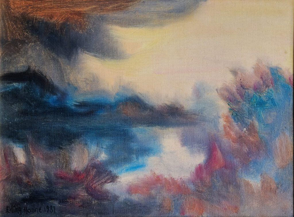 Halvabstrakt oljemaleri av Erling Hodne med landskap i flytende blå og rosa fargetoner