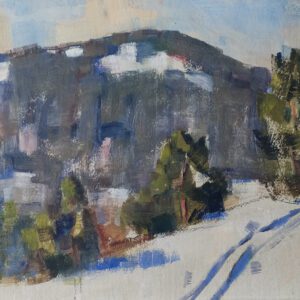 Oljemaleri av Gøsta Munsterhjelm – vinterlandskap med snø, trær og bakker