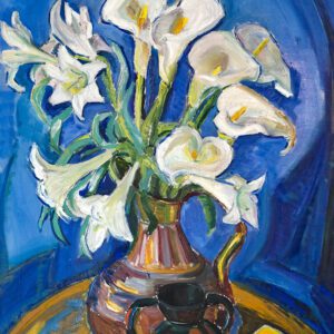 Alfhild Lindefjeld oljemaleri med hvite liljer i vase