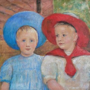 Hans Heyerdahl to barn med hatter oljemaleri 1907