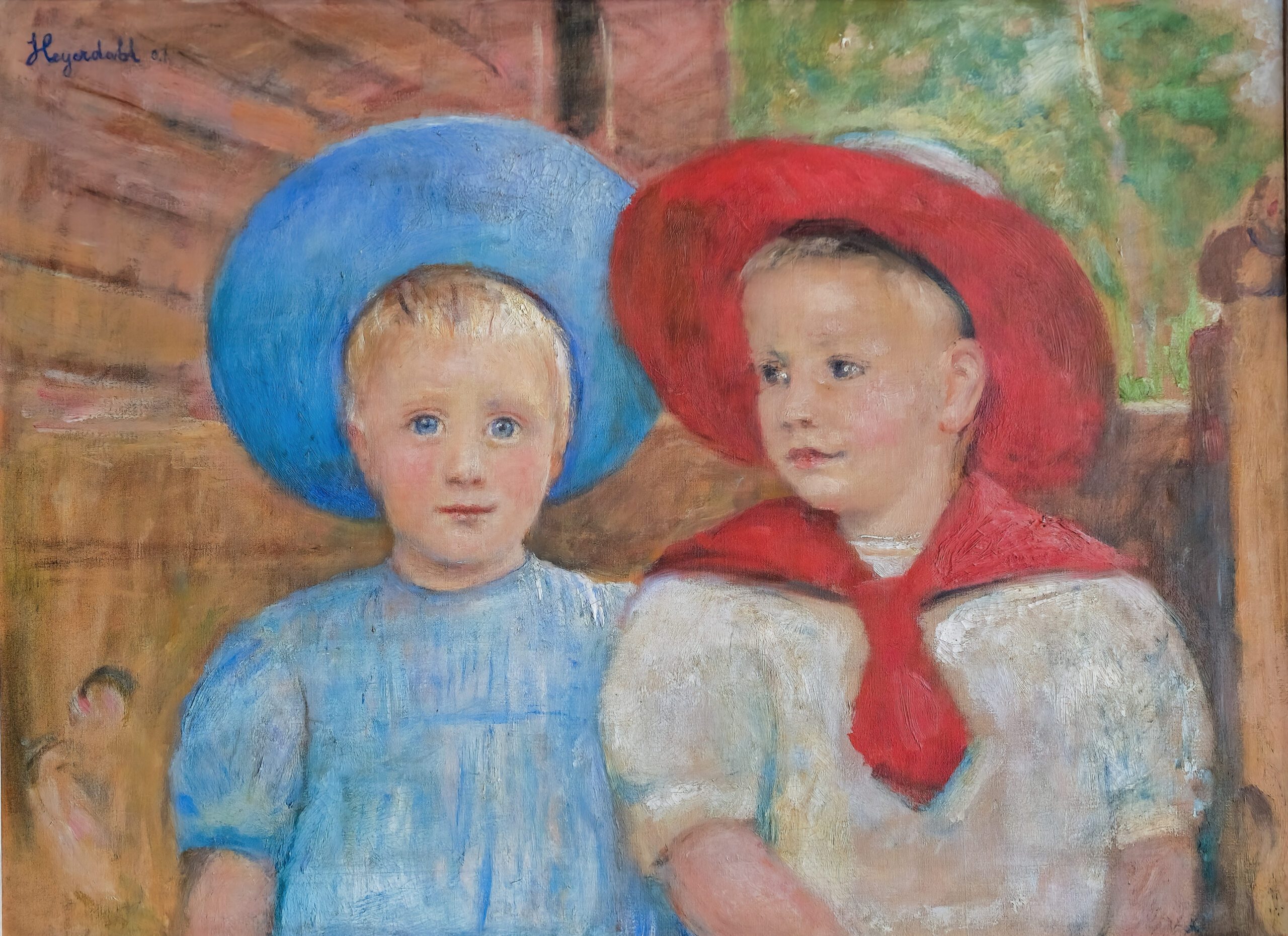 Hans Heyerdahl to barn med hatter oljemaleri 1907