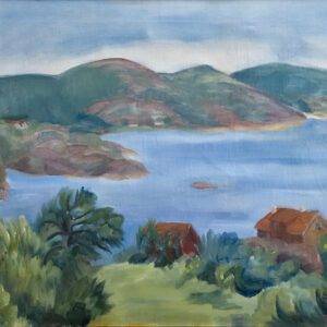 Rudolph Thygesen, kystlandskap med fjell, sjø og røde hus, oljemaleri fra 1933, signert «R. Th. 33».