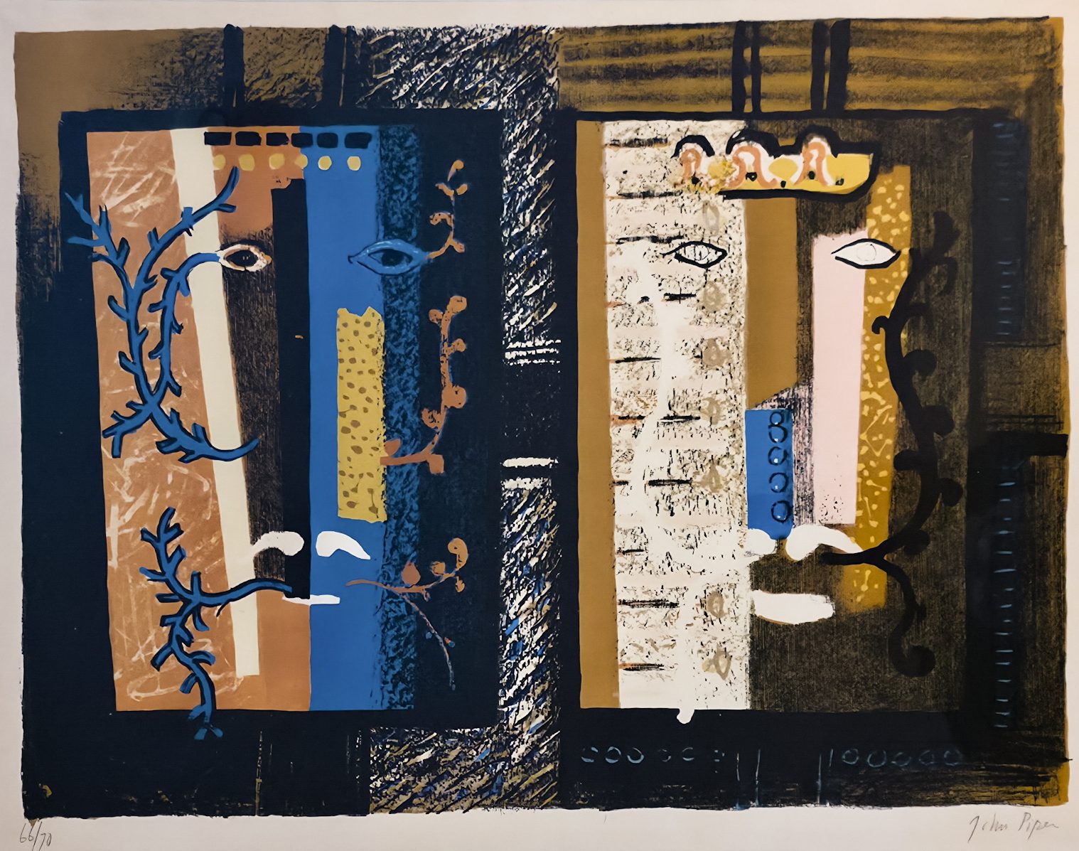 John Piper litografi Foliate Heads 2 fra 1953, abstrakt modernistisk grafikk med arkitektoniske og organiske former