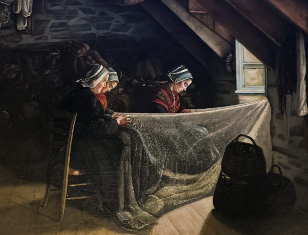 Motiv-Garnbøting – oljemaleri fra 1800-tallet, norsk skole, interiørmotiv