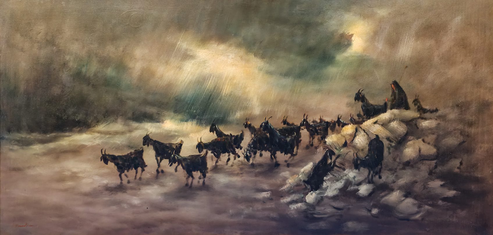 Motiv-Ekspressivt oljemaleri fra gresk skole, datert 1982