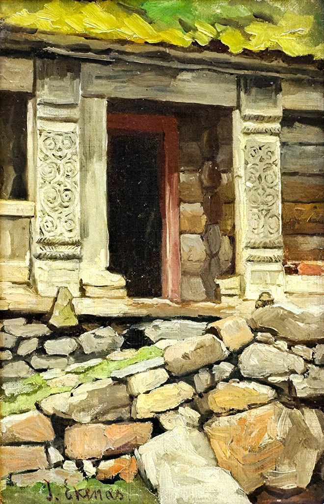 Oljemaleri av Jahn Ekenæs. Gammelt inngangsparti med utskårne stolper og stenmur.