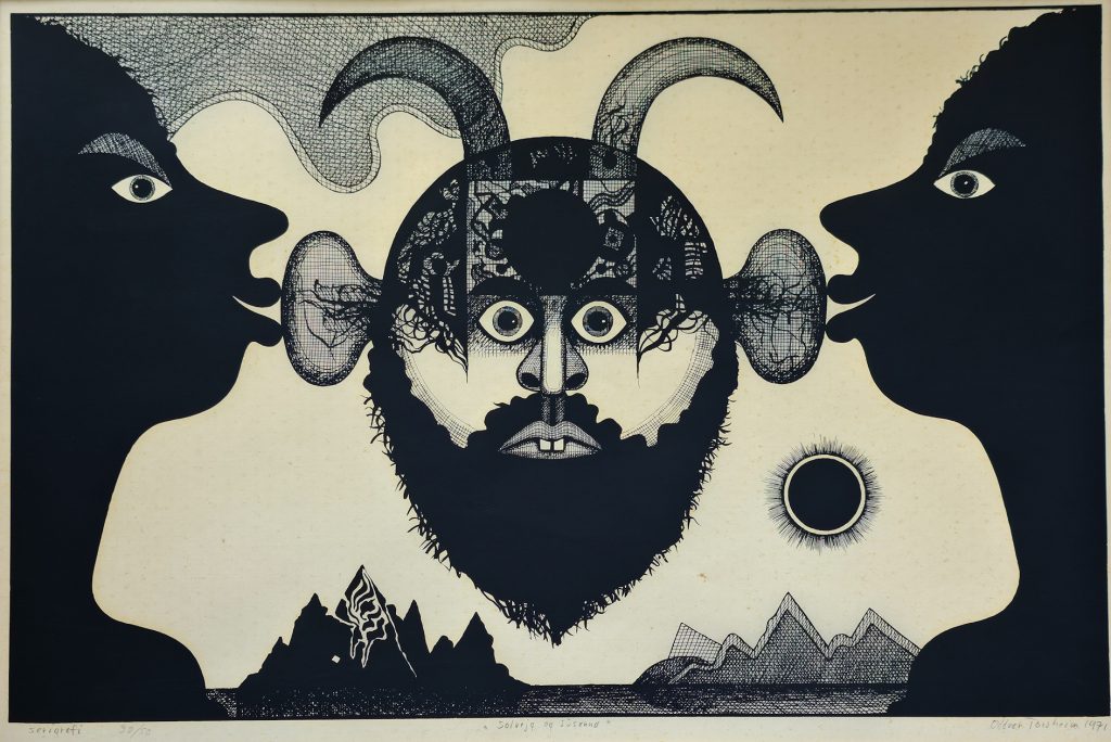 Oddvar Torsheim «Solveig og Susanna», serigrafi fra 1971 med surrealistisk figurmotiv i sort og hvitt.