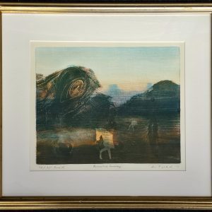 Einar Sigstad tresnitt «Romantisk landskap» 25 x 30 cm, innrammet grafikk,