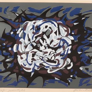 Håkon Bleken serigrafi 1975 abstrakt figurkomposisjon i blått, sort og hvitt