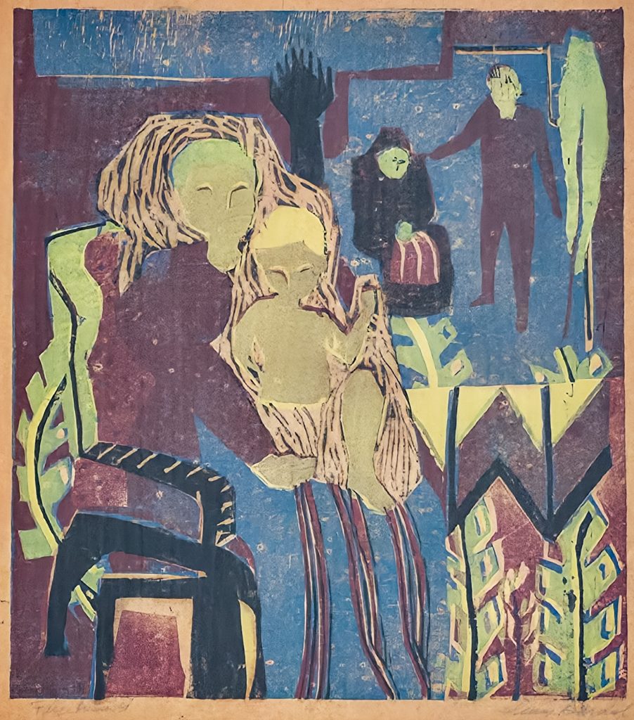 Henry Bardal tresnitt med sittende kvinne og barn i interiør, utført i blå, lilla og grønne toner.