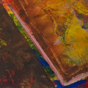 Detaljbilde av abstrakt komposisjon i rødt, blått, gult og brunt på Jørgen Holen oljemaleri på papir.