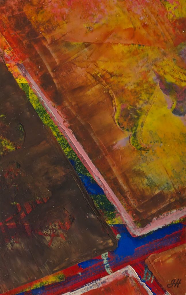 Detaljbilde av abstrakt komposisjon i rødt, blått, gult og brunt på Jørgen Holen oljemaleri på papir.