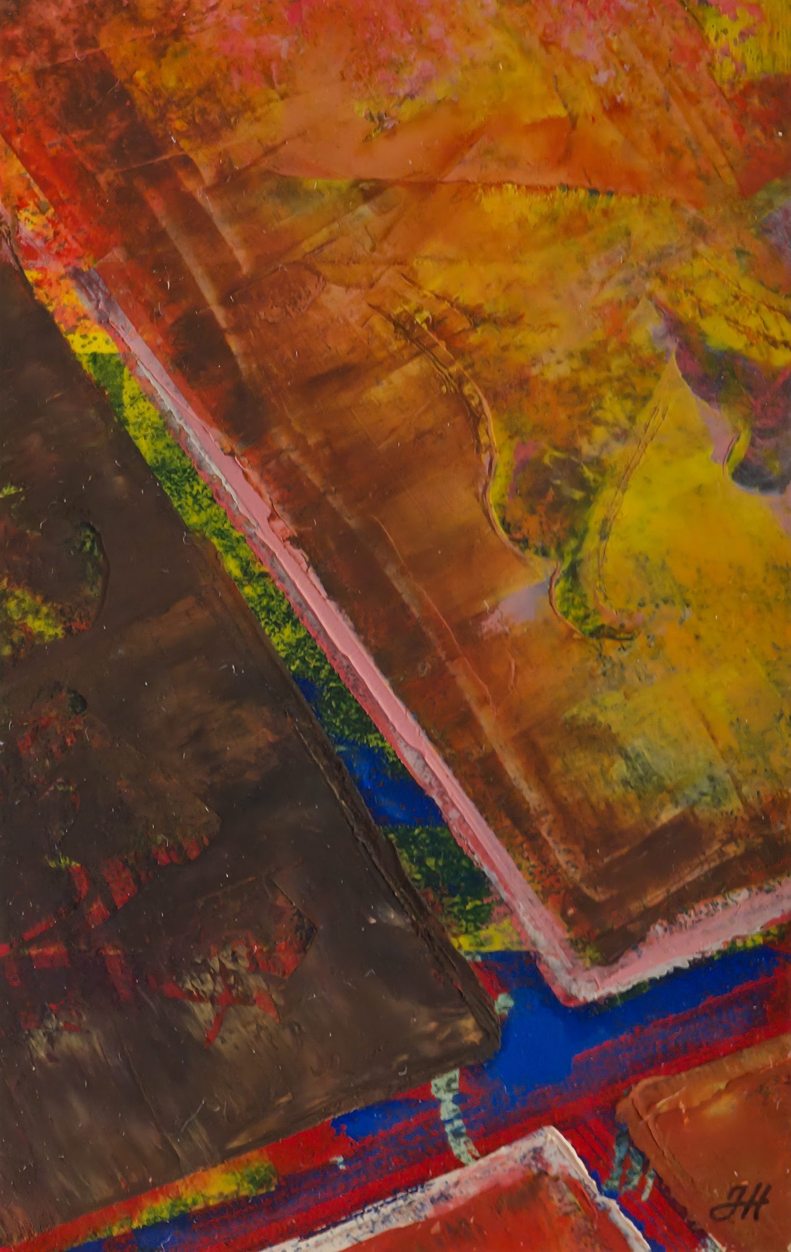 Detaljbilde av abstrakt komposisjon i rødt, blått, gult og brunt på Jørgen Holen oljemaleri på papir.