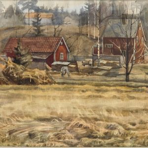Karl Erik Harr akvarell av norsk landskap med gård, jorder og trær i dempet fargepalett