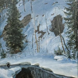 Magne Håland oljemaleri som viser vinterlandskap med snø, grantrær og bekk, 65 x 50 cm.