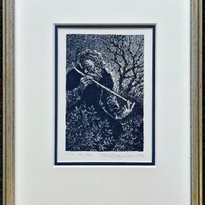 Innrammet litografi av Olav Bjørgum fra 1992 med figur som spiller fløyte i naturmotiv