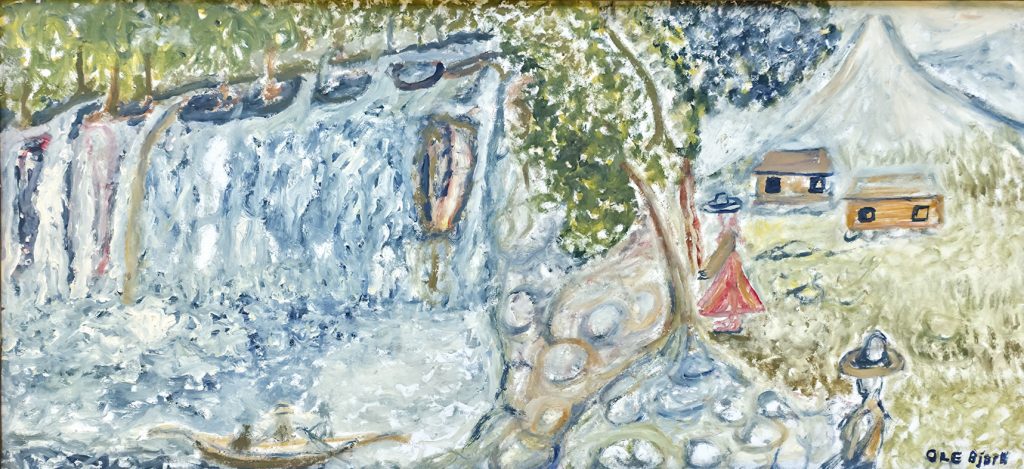 Ole-Bjørn Magnussen oljemaleri med vannfall, trær, figurer og hus i landskap, 44 x 94 cm.