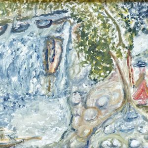 Ole-Bjørn Magnussen oljemaleri med vannfall, trær, figurer og hus i landskap, 44 x 94 cm.