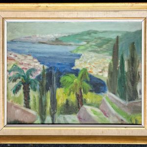 Ragnhild Iversen, Utsikt mot Naxos, oljemaleri fra 1952 vist med ramme, 32 x 41 cm