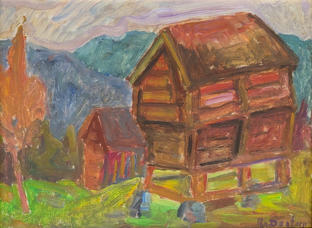 Roy Dugtorp oljemaleri med ekspressivt husmotiv og landskap, 31 x 41 cm.