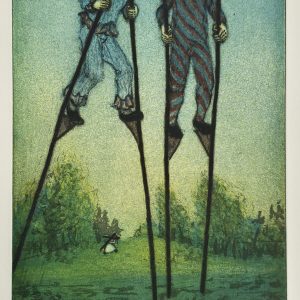 Sigmund Reite fargeetsning "Gjøglere" fra 1976 med to figurer på stylter i landskap, signert grafikk