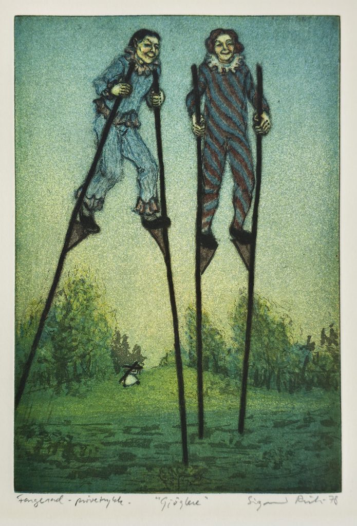 Sigmund Reite fargeetsning "Gjøglere" fra 1976 med to figurer på stylter i landskap, signert grafikk