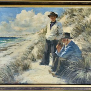 Søren Bjulf oljemaleri med to menn i sanddyner ved stranden.