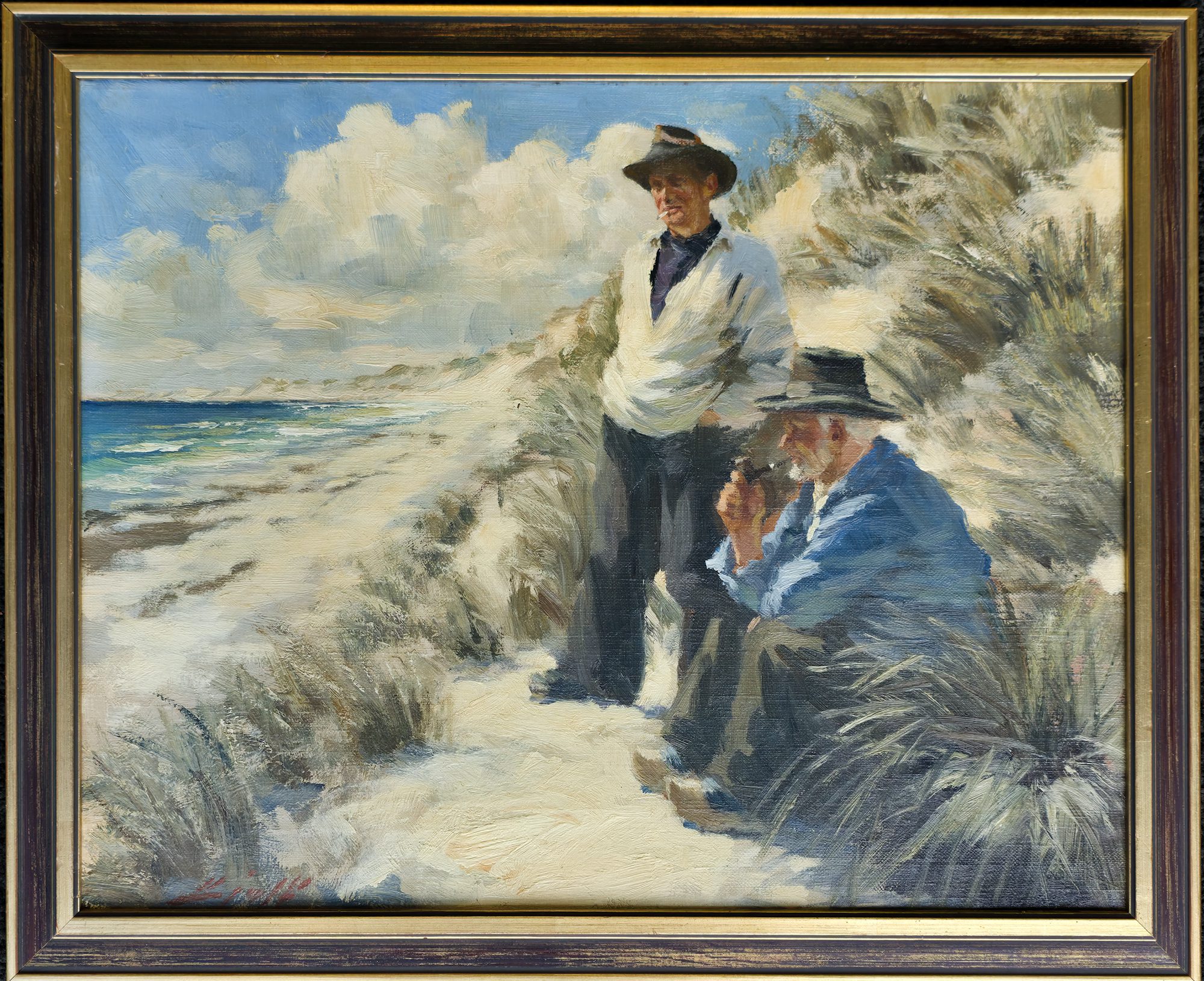 Søren Bjulf oljemaleri med to menn i sanddyner ved stranden.