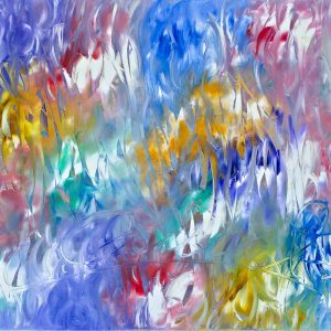 Cornelius Quint abstrakt oljemaleri Q-18 med ekspressive penselstrøk i blå, lilla, turkise, rosa og gylne toner, 60 × 80 cm.