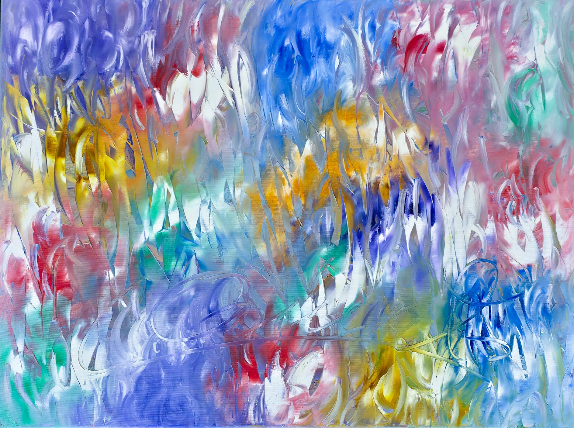 Cornelius Quint abstrakt oljemaleri Q-18 med ekspressive penselstrøk i blå, lilla, turkise, rosa og gylne toner, 60 × 80 cm.